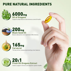 Close-up of Oregano Oil Softgels bottle with label