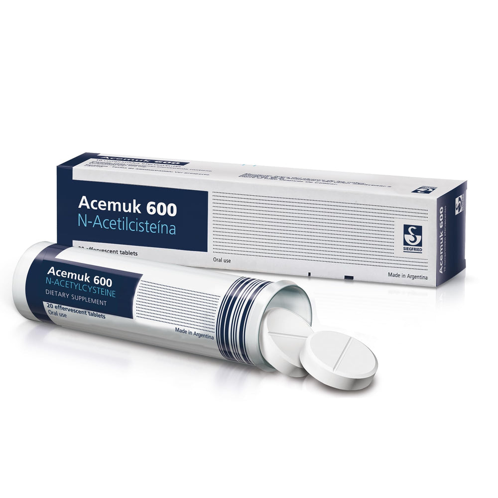 Product hero image: Acemuk NAC 600mg bottle with 20 tablets