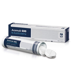 Product hero image: Acemuk NAC 600mg bottle with 20 tablets
