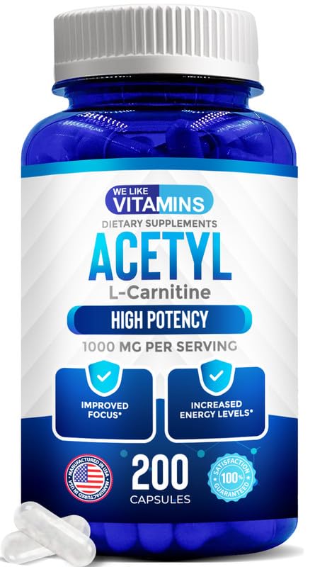 Bottle of We Like Vitamins Acetyl L-Carnitine 1000mg capsules, 200-count