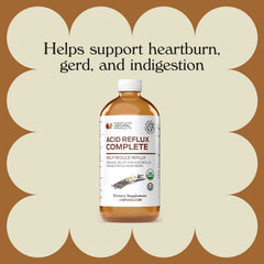 Acid Reflux Complete ingredients close-up—Aloe, Ginger, Garlic, Vanilla blend for natural support.