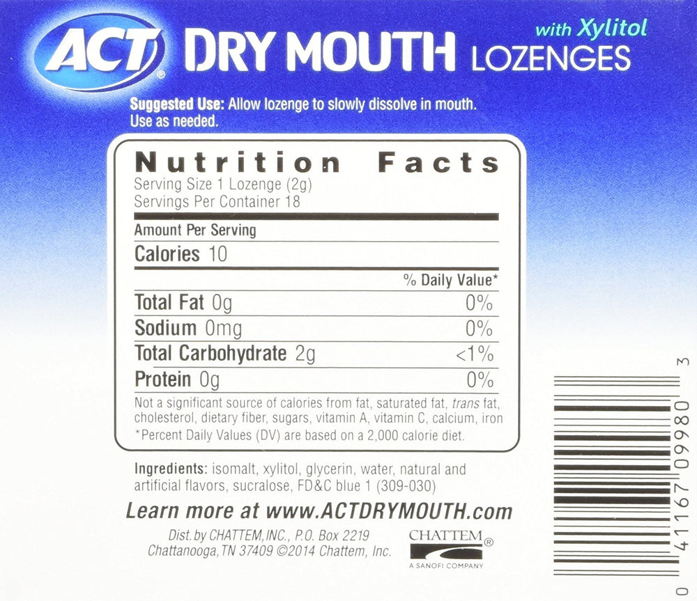 Front view of ACT Dry Mouth Lozenges with Xylitol 18-count pack