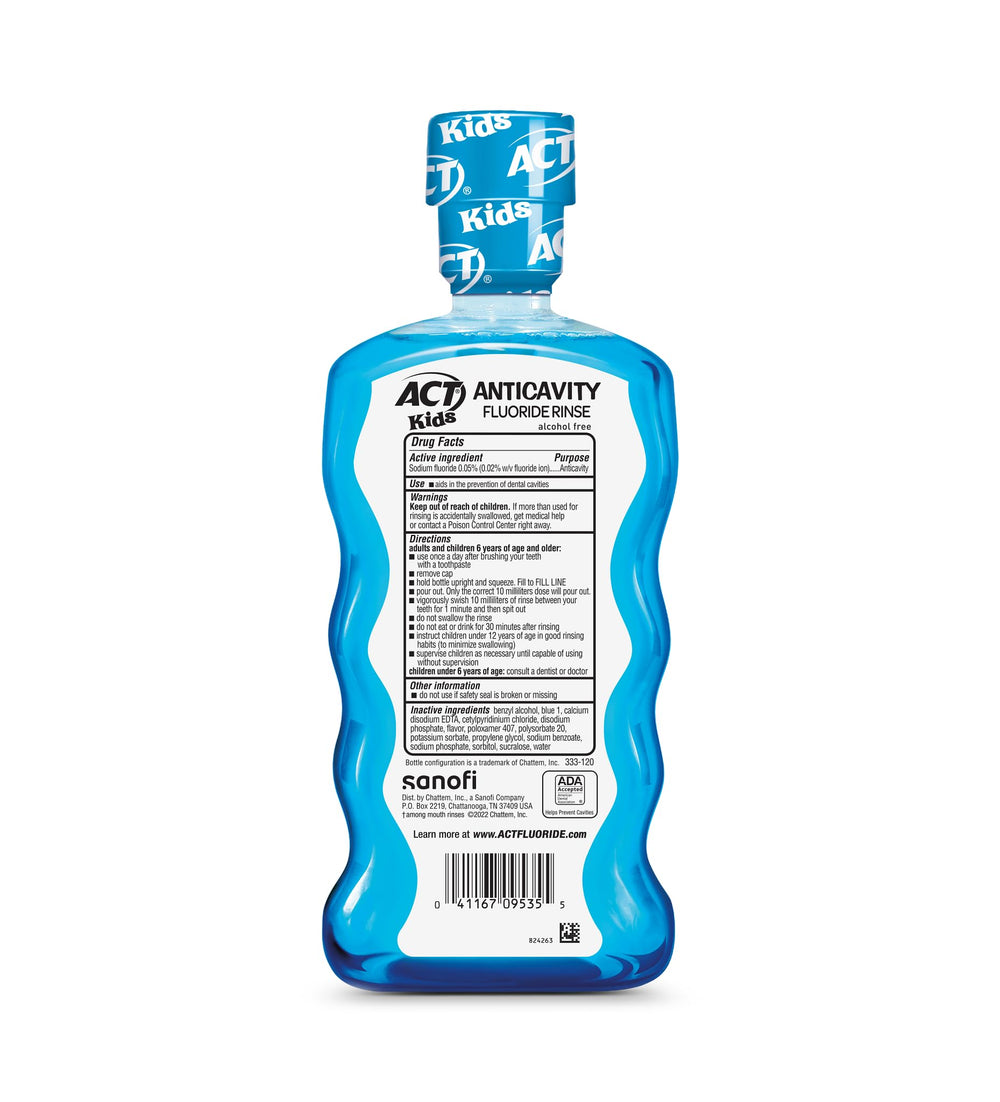 Three-pack ACT Kids Pineapple Punch mouthwash bottles with easy-grip design