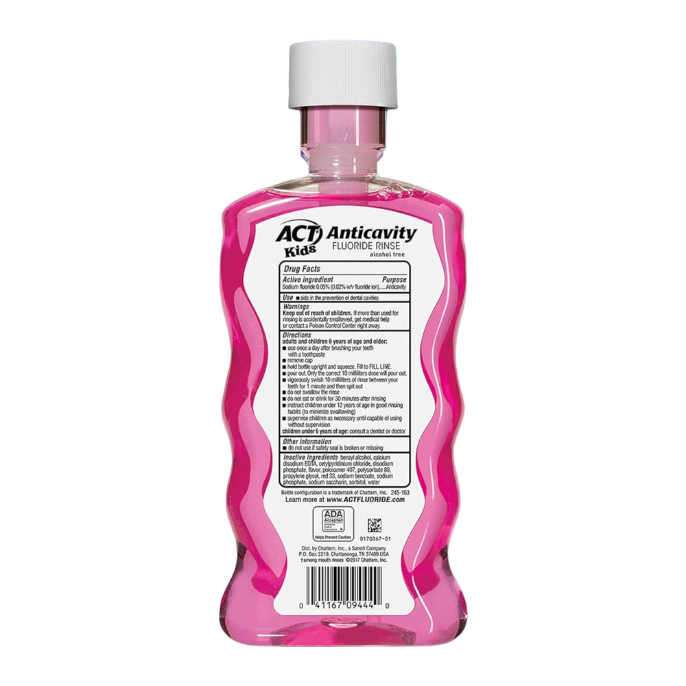 ACT Kids Bubblegum Blowout Fluoride Rinse packaging with box and bottles
