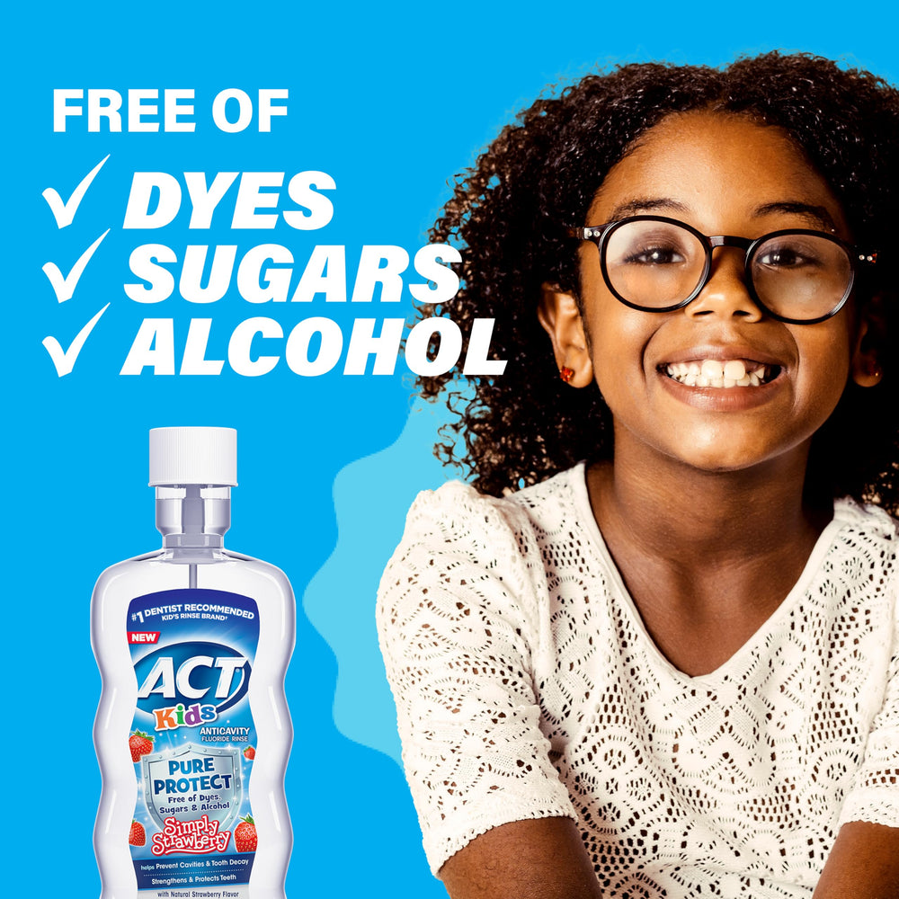 Close-up of ACT Kids Simply Strawberry label with fluoride