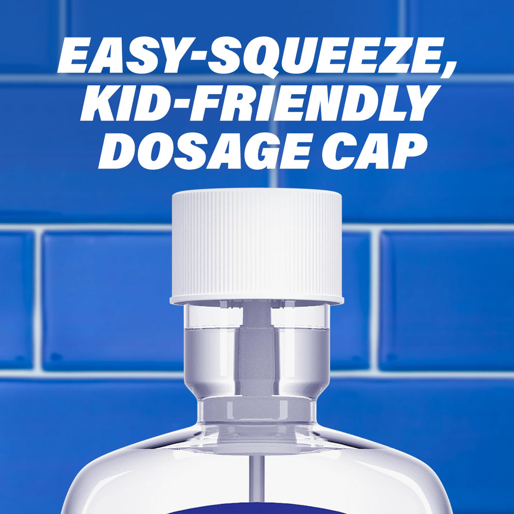 Back label with directions and ingredients for ACT Kids Simply Strawberry mouthwash