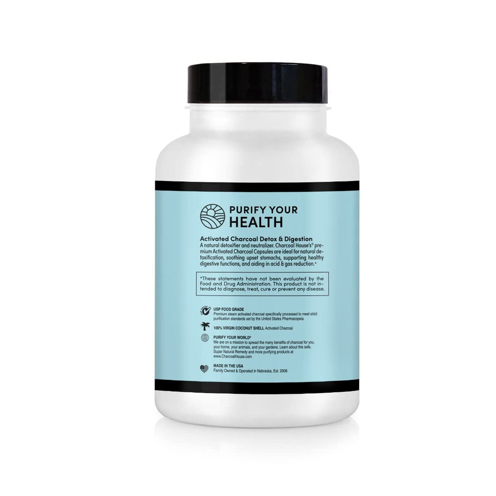 Close-up view of vegan charcoal capsules (260mg each)