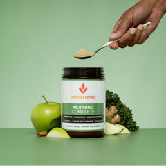ACTIVATEDYOU Morning Complete probiotics bottle close-up supports gut balance.