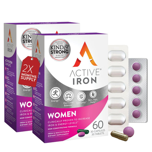 Active Iron + Women's Multivitamin product image showing 60 capsules and 60 tablets