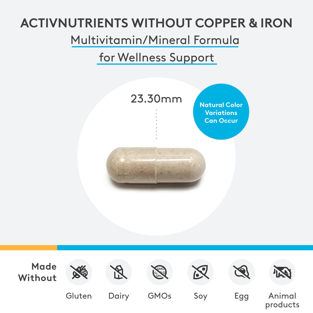 Nutrition facts panel for ActivNutrients iron-free multivitamin