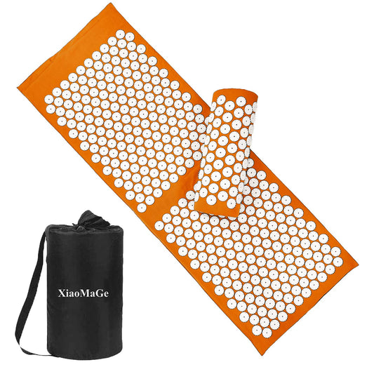 Orange acupressure mat and pillow set with surface nodes