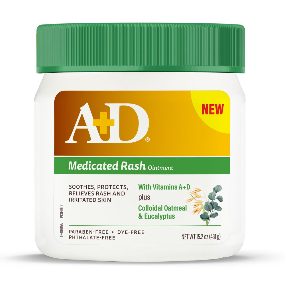 A+D Medicated Rash Ointment 15oz tub closeup showing creamy texture for irritated skin relief