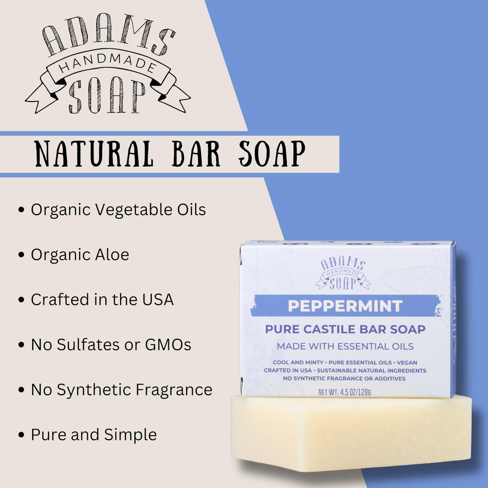 Adams Handmade Soap Peppermint Pure Castile bar cooling scent close-up highlights alert, refreshed skin.