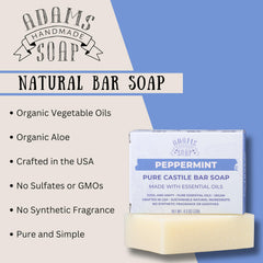 Adams Handmade Soap Peppermint Pure Castile bar cooling scent close-up highlights alert, refreshed skin.
