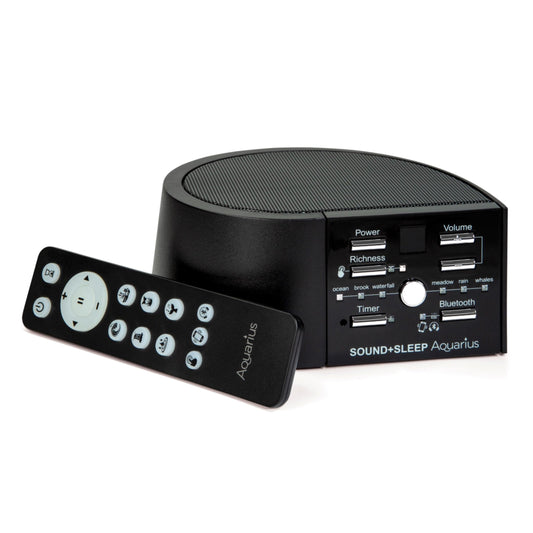 Adaptive Sound Technologies Aquarius aquatic noise machine in black, front view for sleep and relaxation.