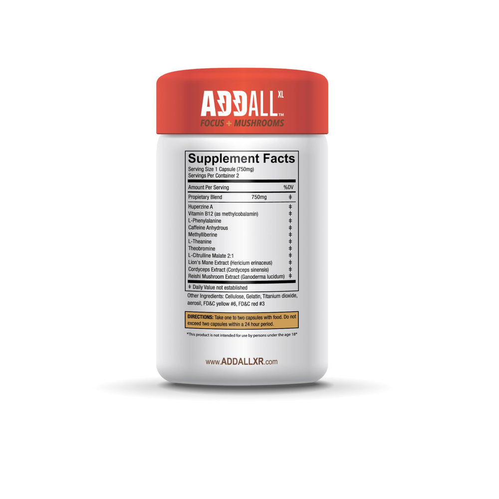 Close-up of Addall Focus + Mushrooms Memory Supplement bottle
