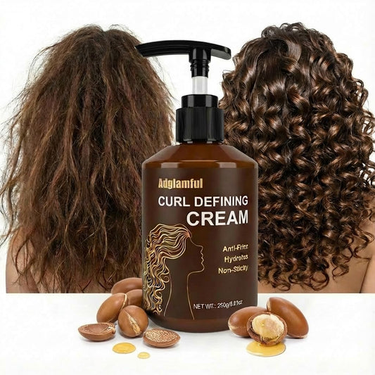 Adglamful Curl Defining Cream bottle shows frizz-free, defined curls.