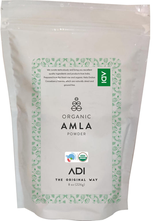 Front view of ADI Organic Amla Powder 8oz jar