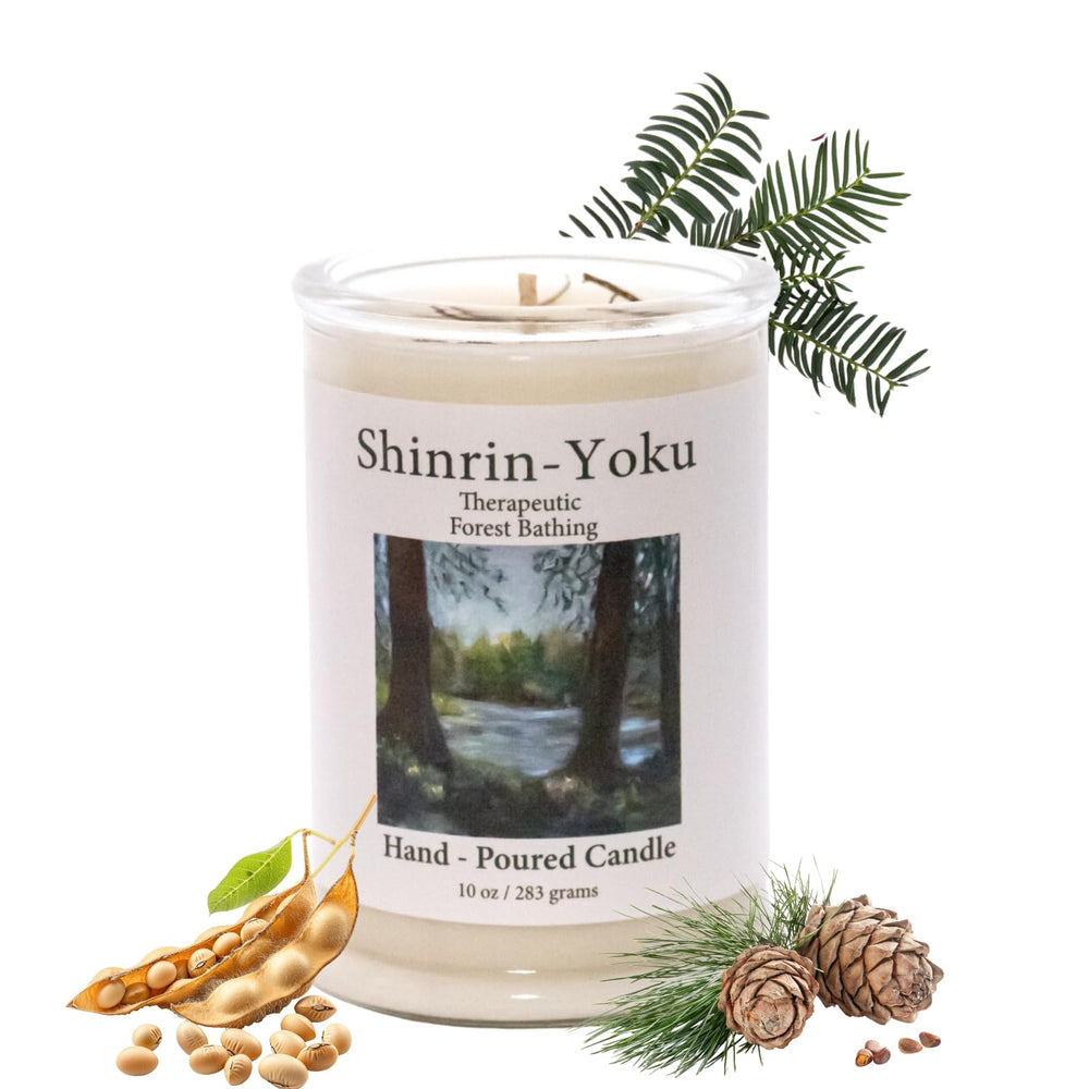 Adirondack Shinrin Yoku candle jar front with natural wax and calming scent.