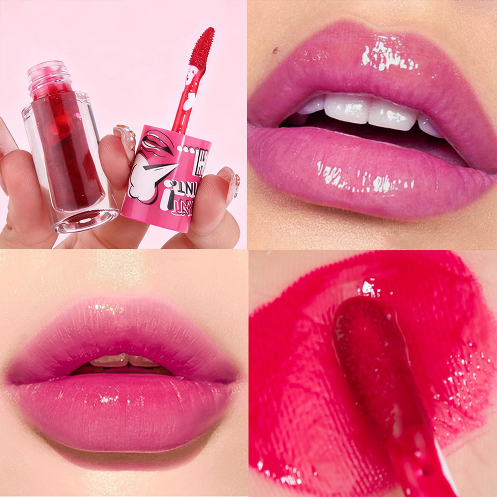 ADMD lip tint on lips demonstrates juicy stain with luminous finish.