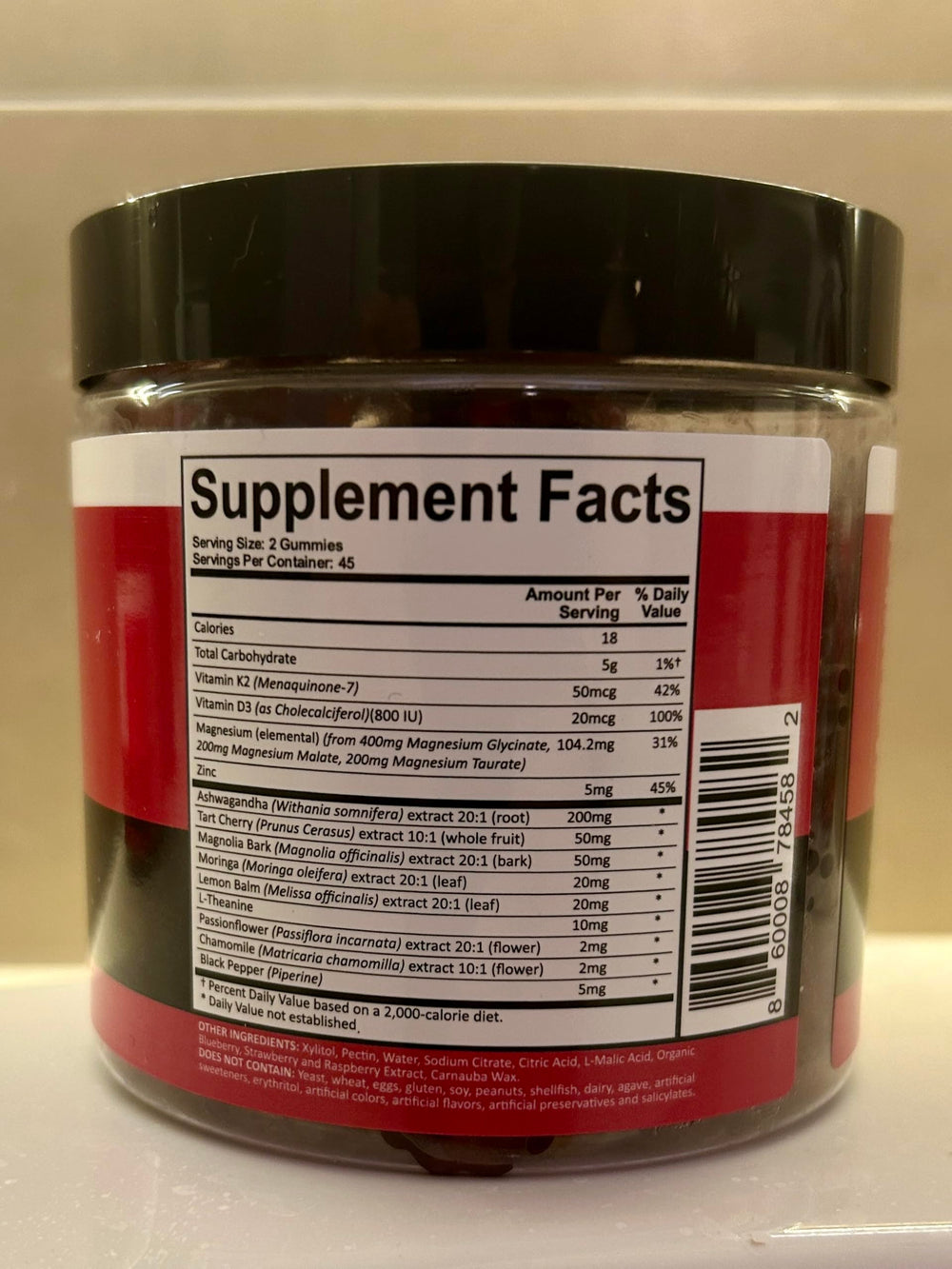 Bottle showing 90 gummies and 45 servings