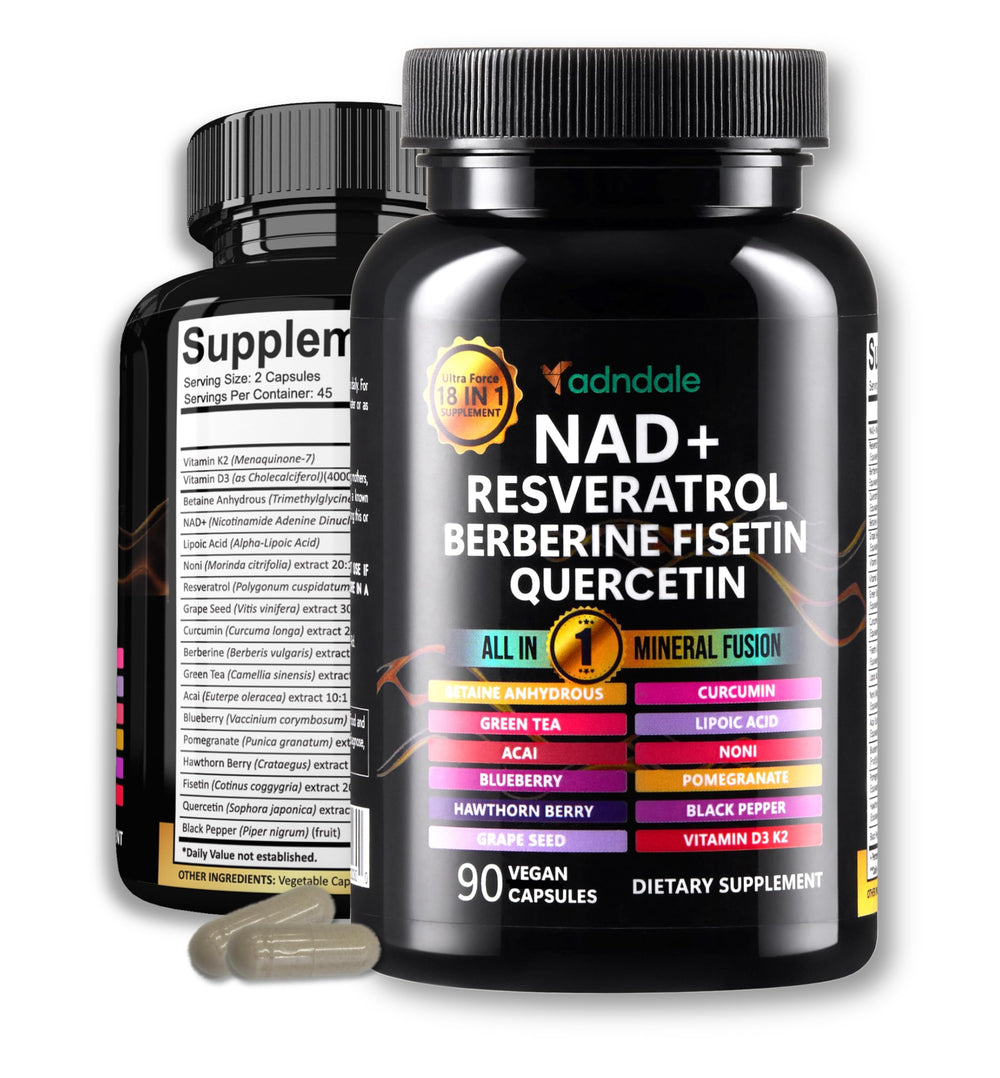 Bottle of Adndale NAD Resveratrol Liposomal NAD+ 18-in-1 Fusion supplement
