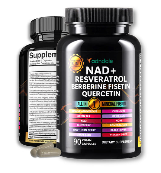 Bottle of Adndale NAD Resveratrol Liposomal NAD+ 18-in-1 Fusion supplement