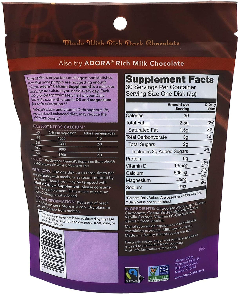Close-up of Adora Organic Chocolate Supplement label showing Vitamin D, Calcium, Magnesium