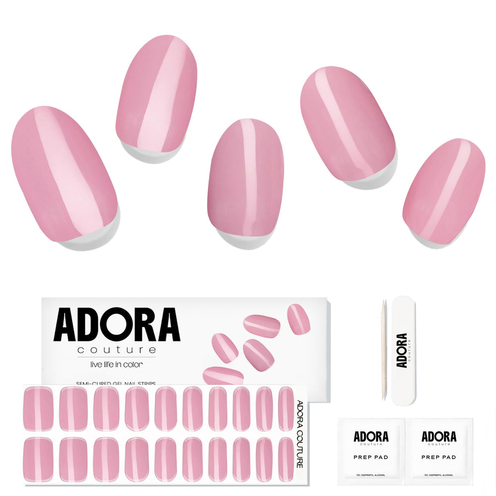 Adora Couture Blush Bloom packaging highlights premium semi-cured gel nail strips for at-home manicures.