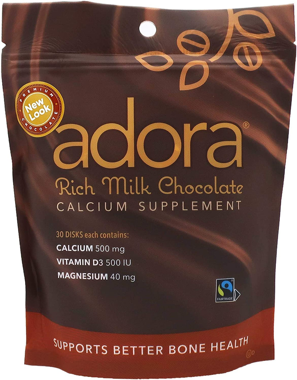 Adora Premium Vitamin D3 Calcium Magnesium Milk Chocolate disk - 30 count package