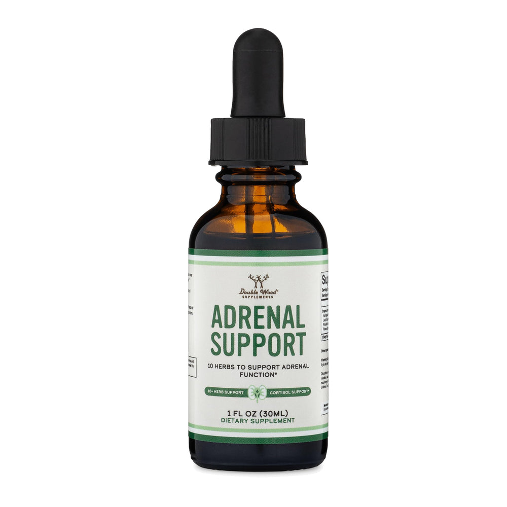 Bottle of Double Wood Adrenal Support Drops with label showing 10 adaptogens