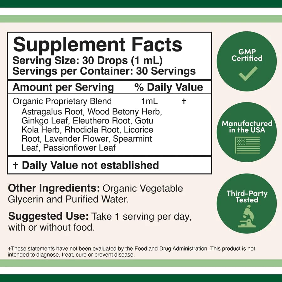 Close-up of Adrenal Support Drops bottle featuring adaptogen ingredients list