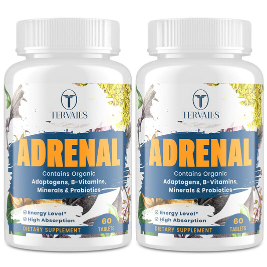 Adrenal support supplement bottle with vegan tablets