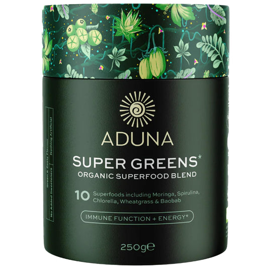 Front view of Aduna Organic Super Greens Blend 250g tub