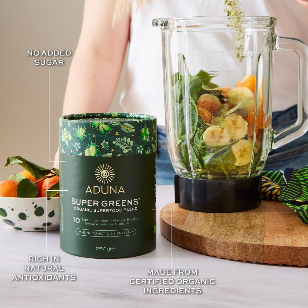 Close-up of moringa, spirulina, chlorella and baobab ingredients