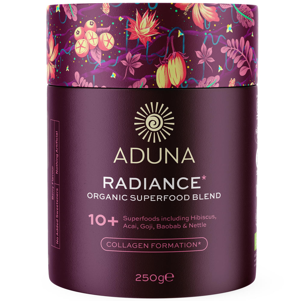 Aduna Radiance Superfood Blend powder in container with scoop