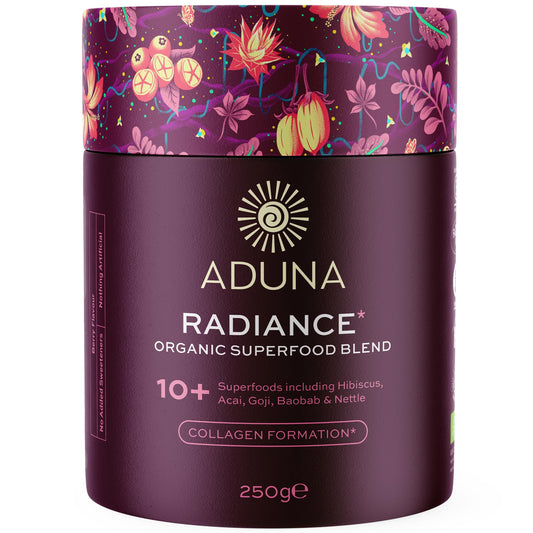 Aduna Radiance Superfood Blend powder in container with scoop