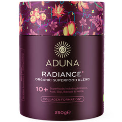 Aduna Radiance Superfood Blend powder in container with scoop