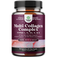 Bottle of Advanced Multi Collagen Complex with Biotin for hair, skin and nails