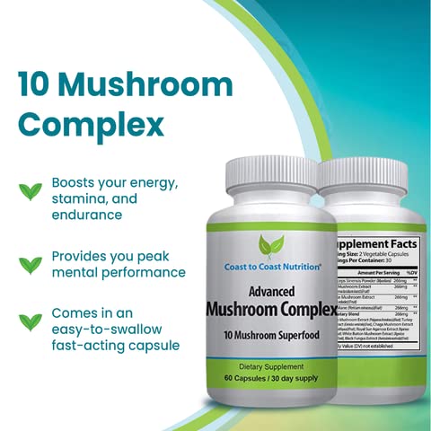 Product label highlighting 10-mushroom blend for immunity and focus
