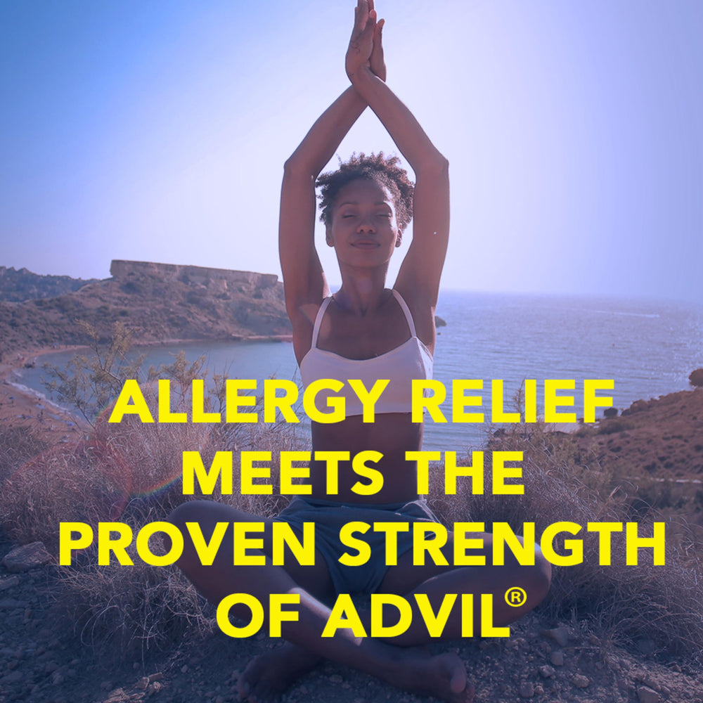 Advil Allergy and Congestion Relief tablets close-up highlighting ibuprofen and decongestant ingredients for fast relief