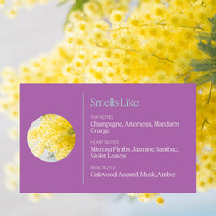 Close-up of label showing scent notes: champagne and macarons