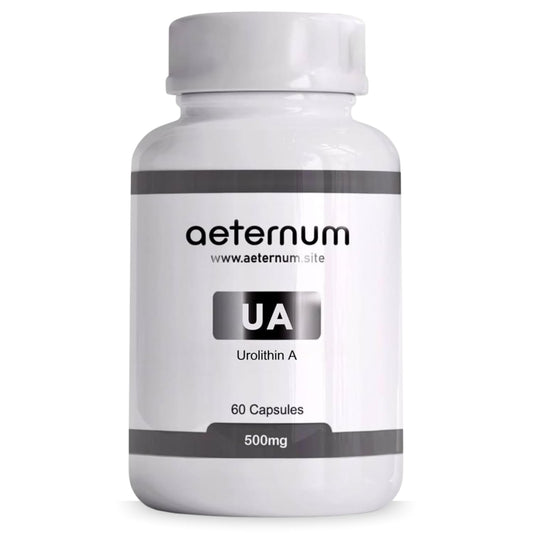 Front view of aeternum Urolithin A UA capsules bottle