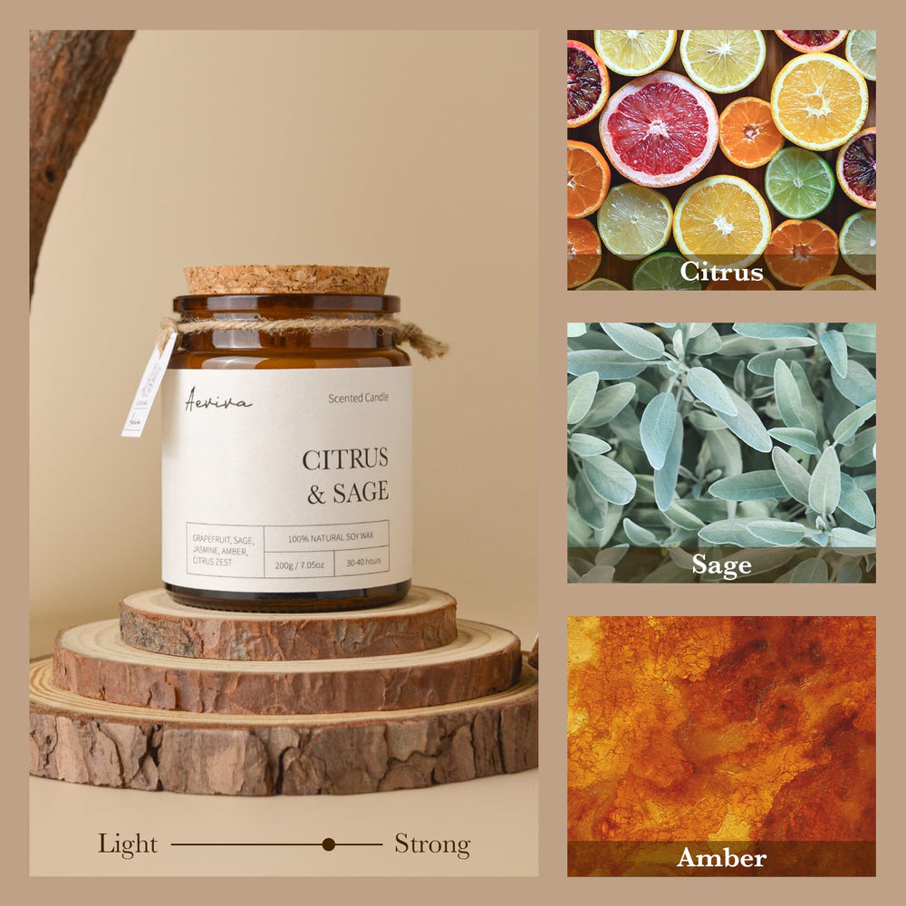 Close-up of double wooden wicks crackling in citrus sage candle