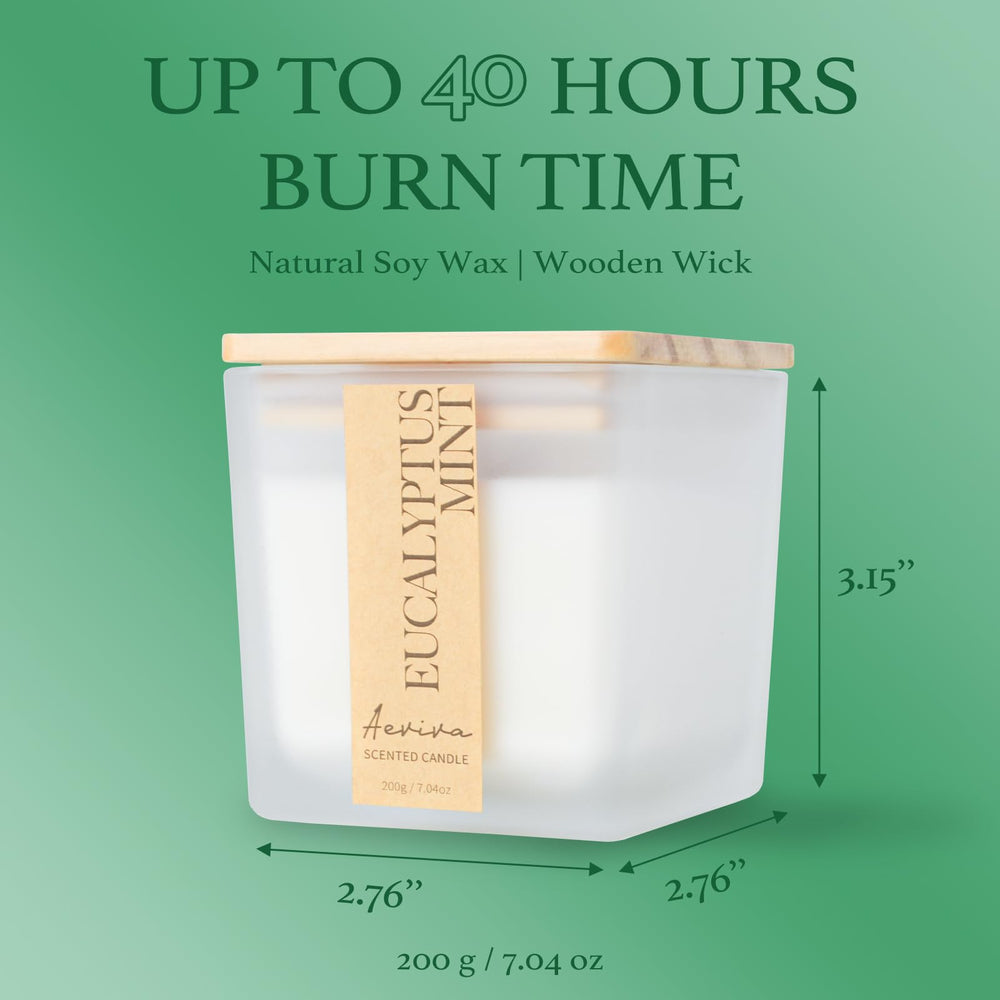 Aeviva eucalyptus mint candle lit with warm glow