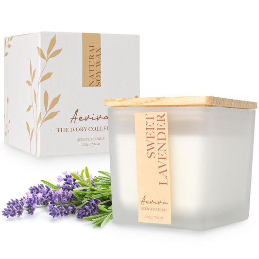 Aeviva lavender scented candle in a 7oz jar with wooden wick