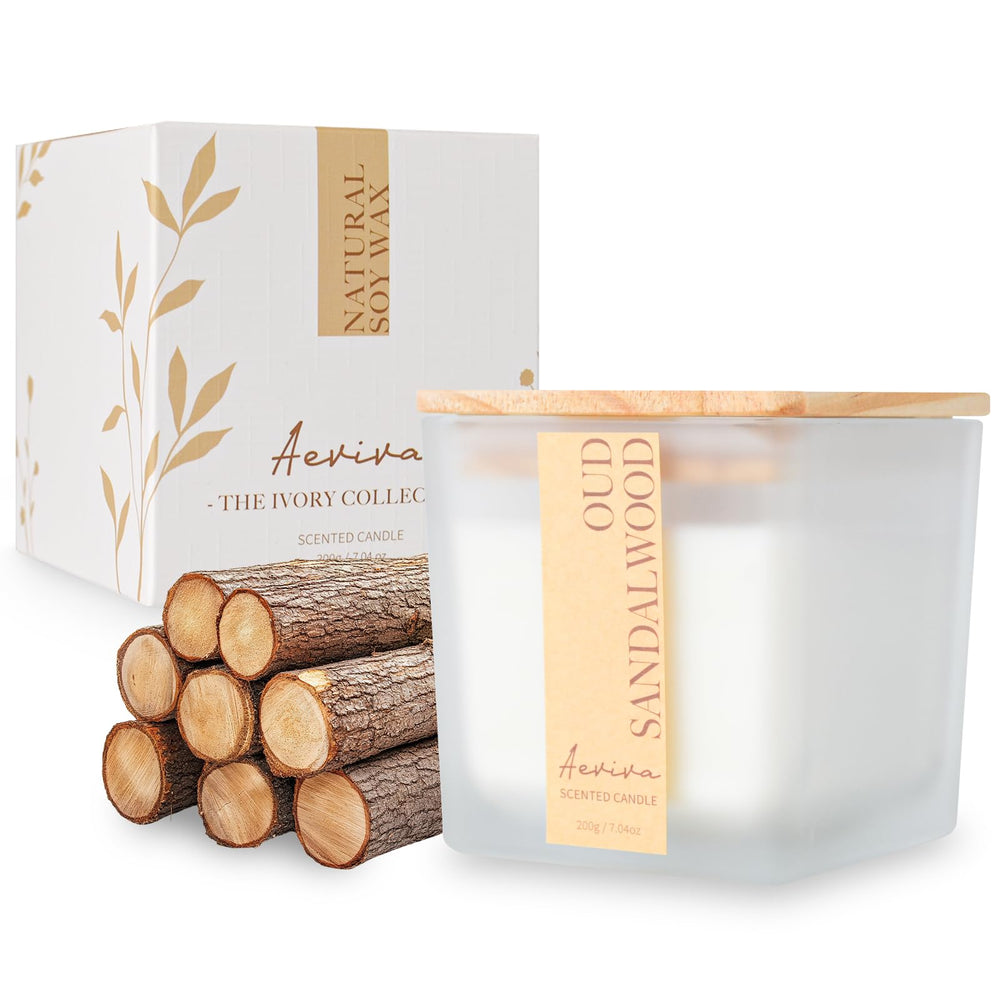 Front view of Aeviva Oud Sandalwood candle in a square jar with wooden wick
