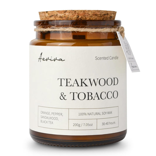 Aeviva Teakwood Tobacco Candle in amber jar – 7.05 oz, wooden wick