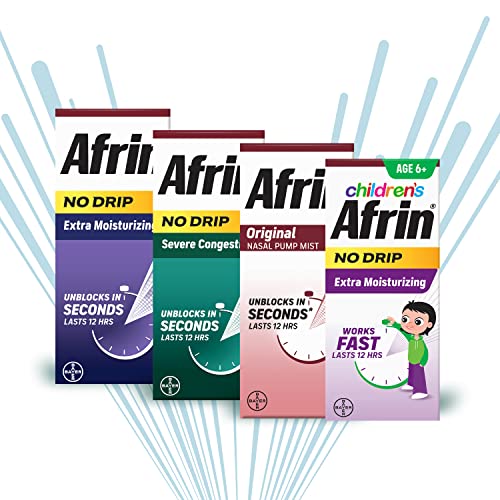 Afrin non-drowsy decongestant label next to spray tip.