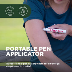 After Bite Advanced Formula pen application closeup, demonstrating fast relief on mosquito bites.